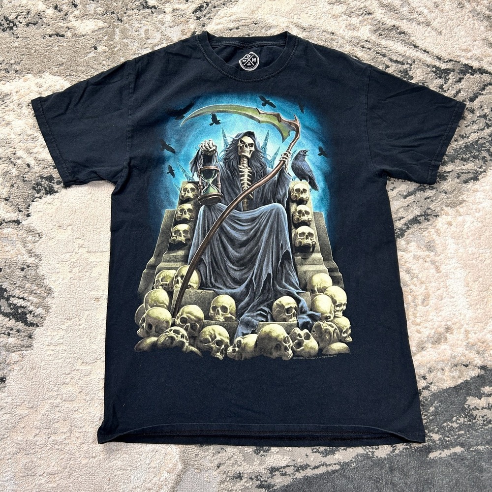 Dom Grim Reaper Skeleton Throne T Shirt Mens Medium Black Graphic Y2K Grunge AOP